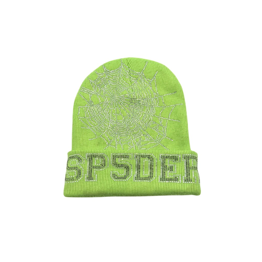 Sp5der Worldwide Young Thug Slime Green Rhinestone Web Beanie Hat OS Slime Green
